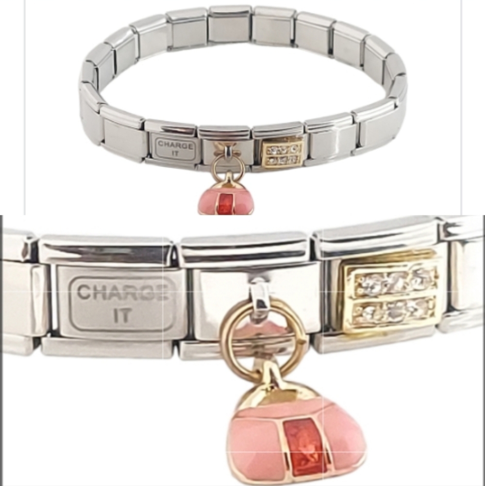 B018 CHARGE IT Purse Charm Silvertone Stretch Bracelet